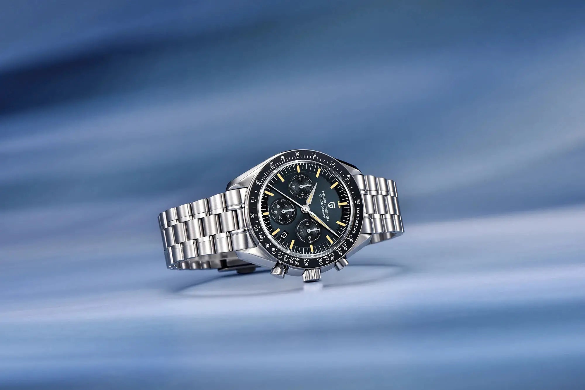 PAGANI DESIGN Moon Watch on stainless steel bracelet with black chronograph dial and tachymeter bezel