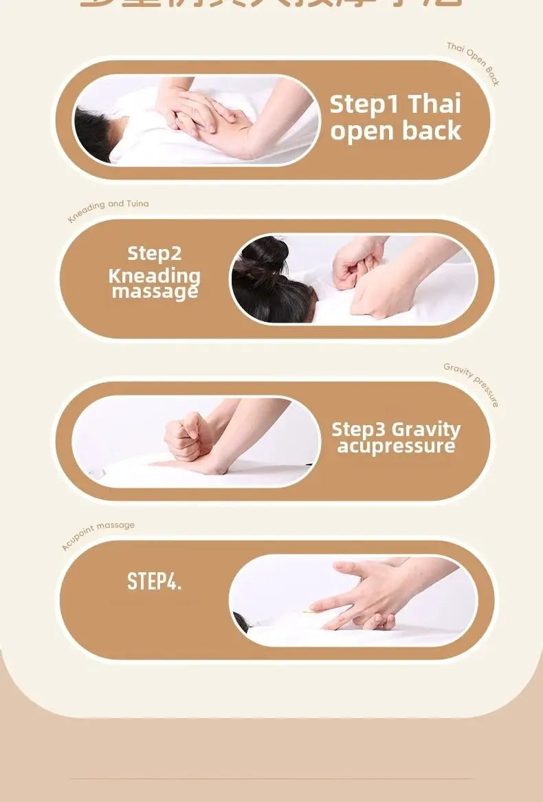 Simples Market Upgrade Electric Full Body Massage Chair infographic with steps: open back, kneading massage, gravity acupressure