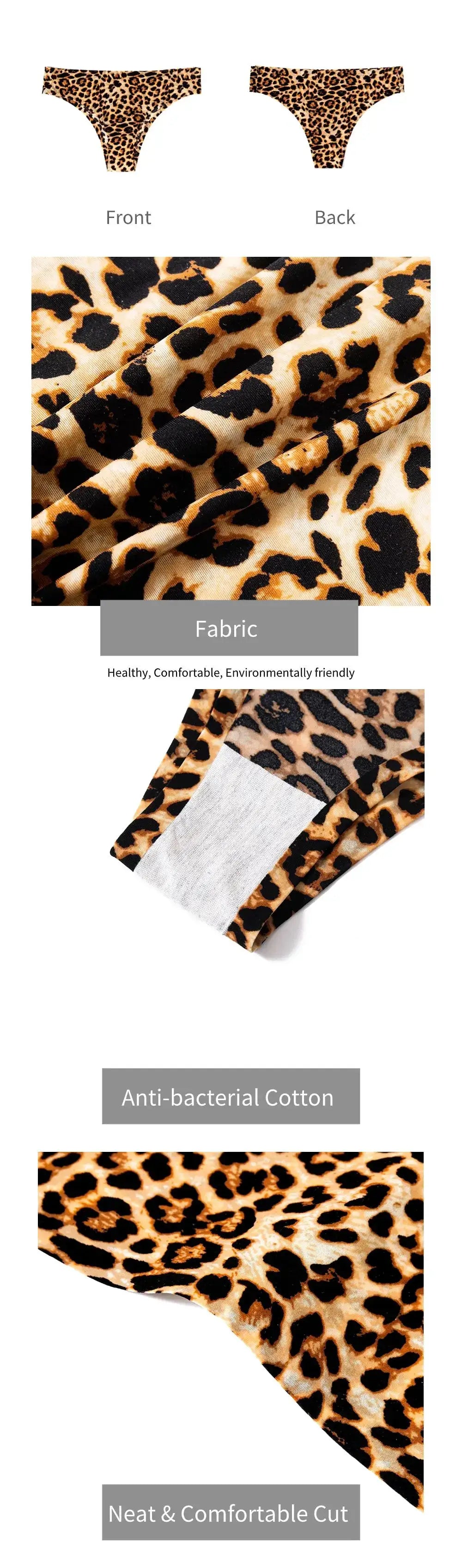 Leopard print 3-piece thong set for women by Simples Market; anti-bacterial cotton and neat, comfortable cut.