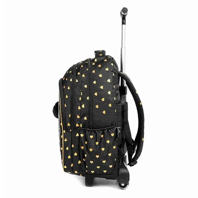 Children's wheeled backpack by Simples Market, black fabric with gold heart pattern, rolling school bag for girls