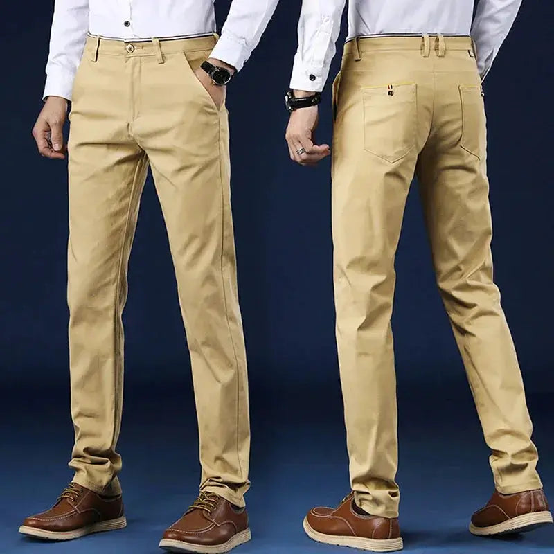 Men's cotton chinos by Simples Market; tan solid color office trousers, front and back views on two models