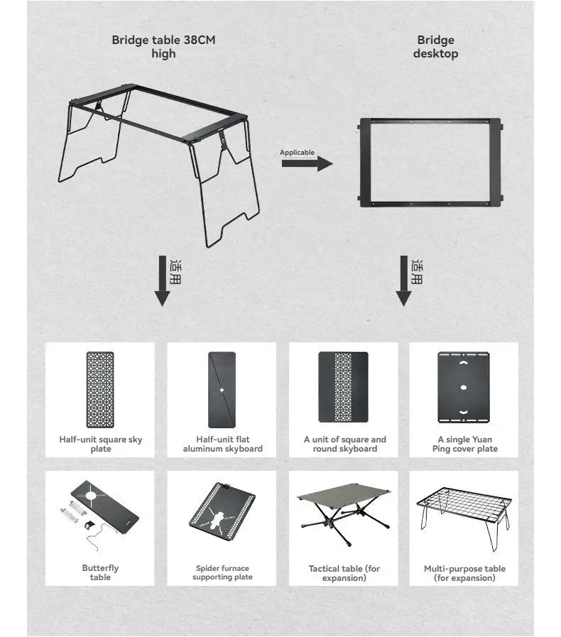 CAMPINGMOON CK-25BK-1PIGT black 10-piece combination camping table set with bridge table and desktop components
