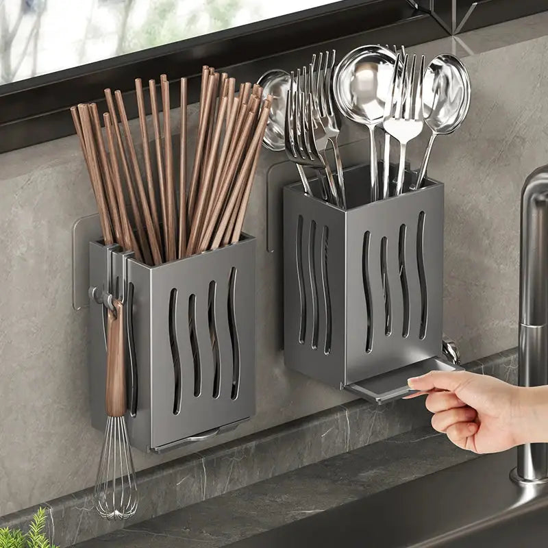 Chopsticks storage box wall-mounted utensil organizer, gray metal by Simples Market with drainage trays (2 boxes)