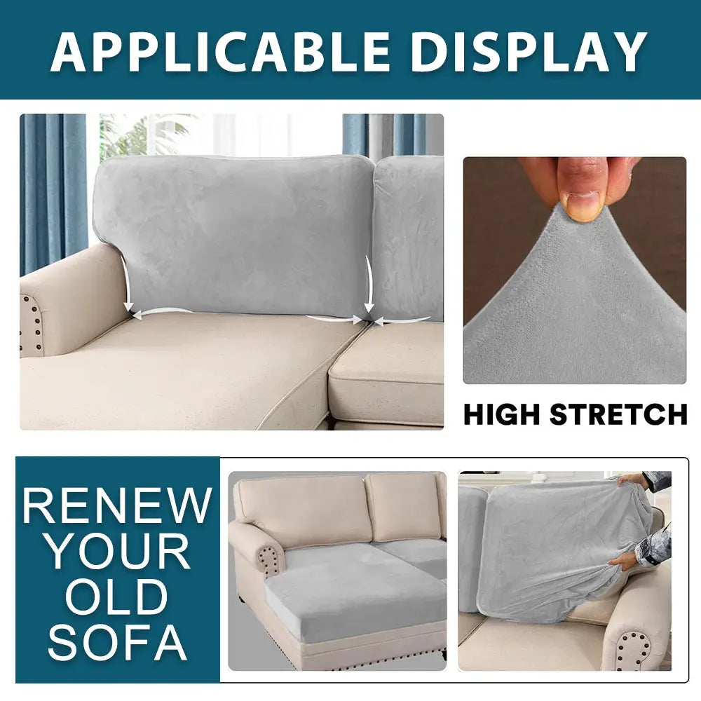 Velvet sofa cushion covers in gray; high-stretch slipcovers for living room sofas