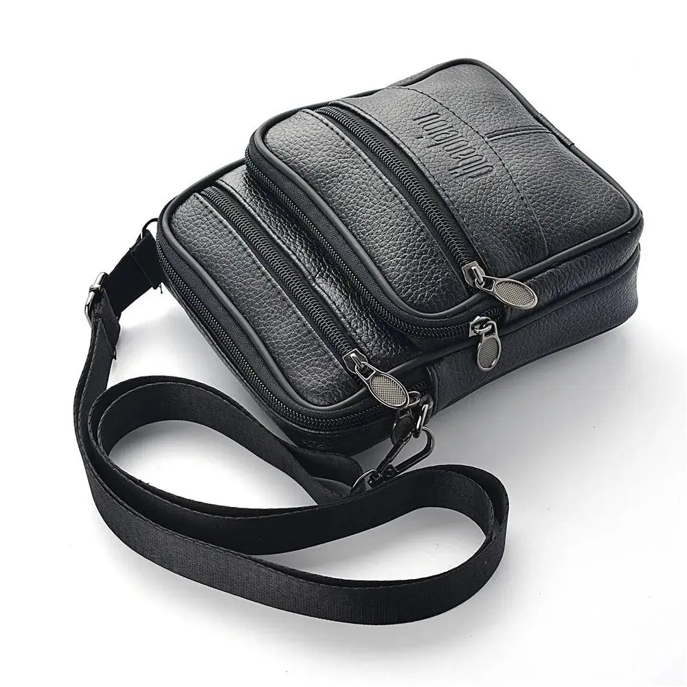 Men's genuine leather crossbody bag by Simples Market with multiple zip pockets, black retro business messenger.