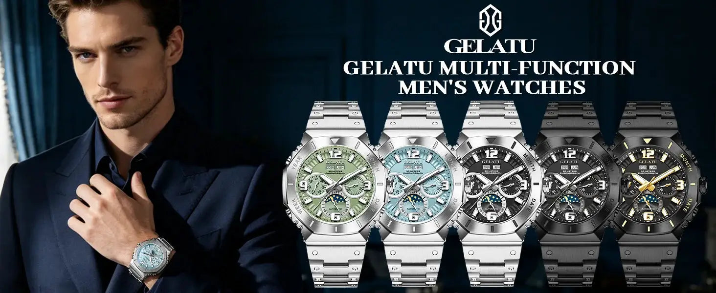 Gelatu men's diving wristwatch with moon phase, stainless steel bracelet; five dial color variants