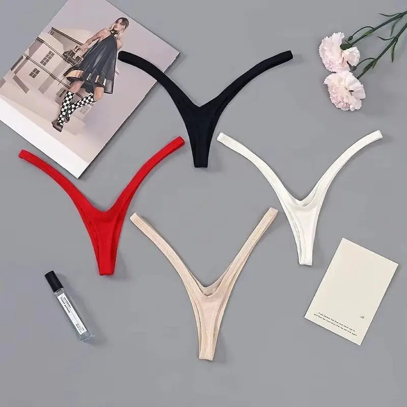 Set of 4 women's thong underwear in black, red, nude and white; deep-V, low-waist, breathable, soft thin straps