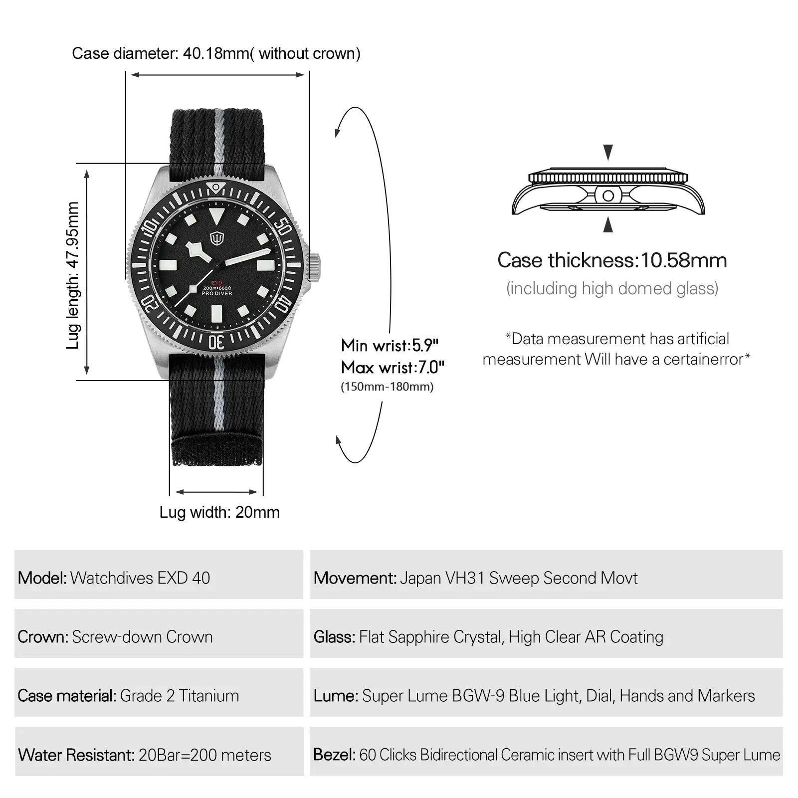 Watchdives EXD 40mm titanium dive watch with black dial, white luminous markers, gray-stripe nylon strap, 200m water resistant.