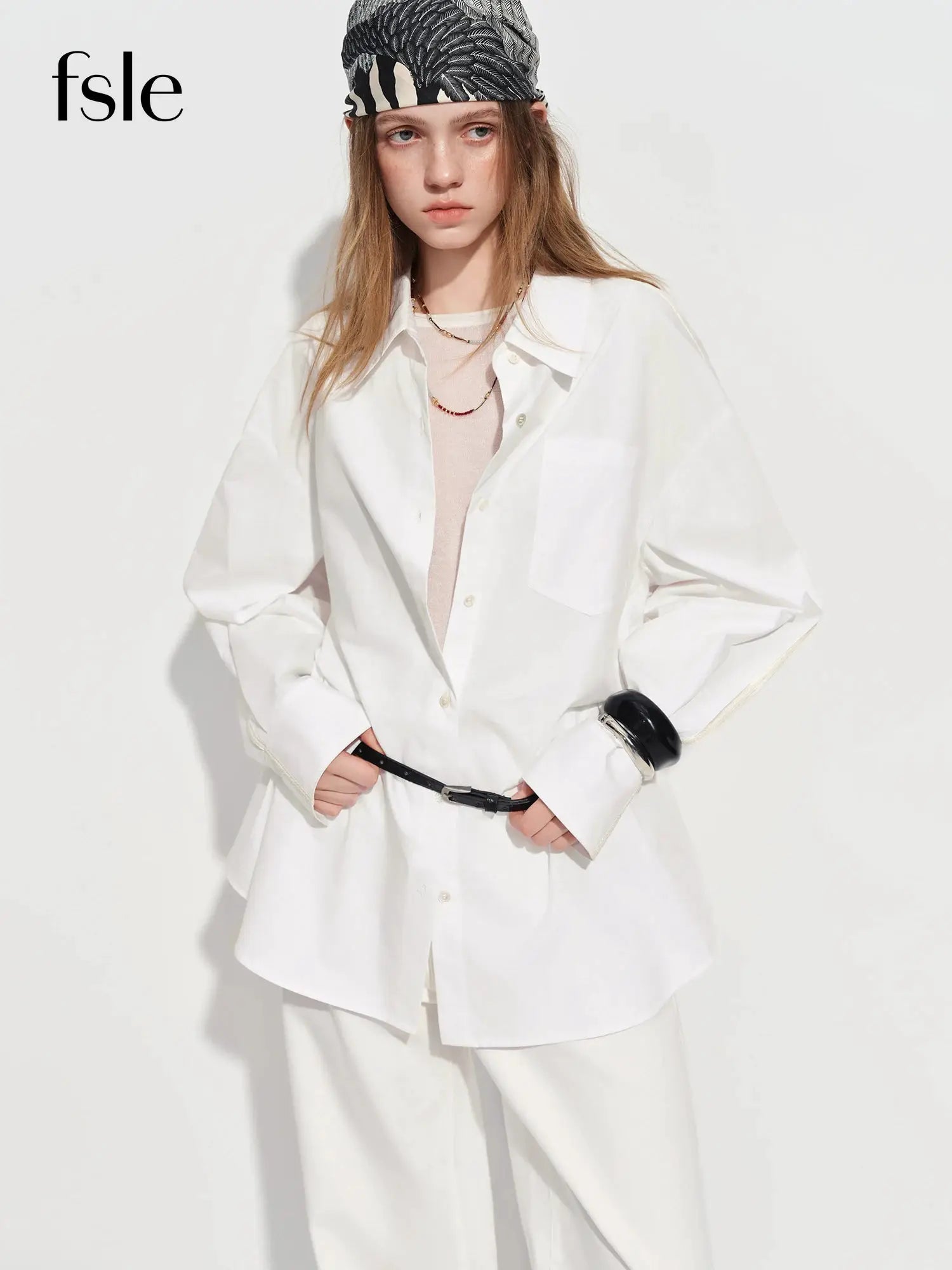 FSLE Premium Series women's white cotton oversized shirt with long sleeves and web strap detail.
