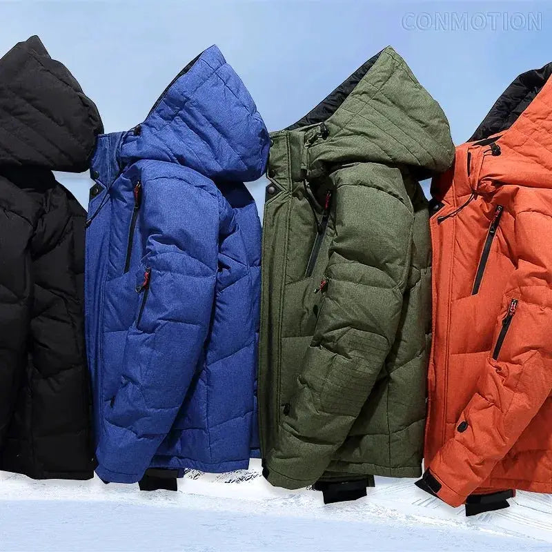 Set of four men's hooded duck-down puffer jackets in black, blue, green, and orange