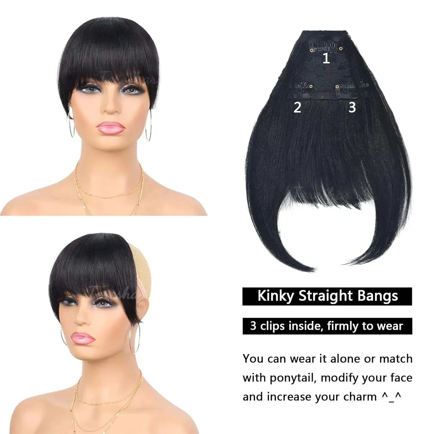 Simples Market synthetic yaki drawstring ponytail extension with bangs, long straight black clip-in ponytail.