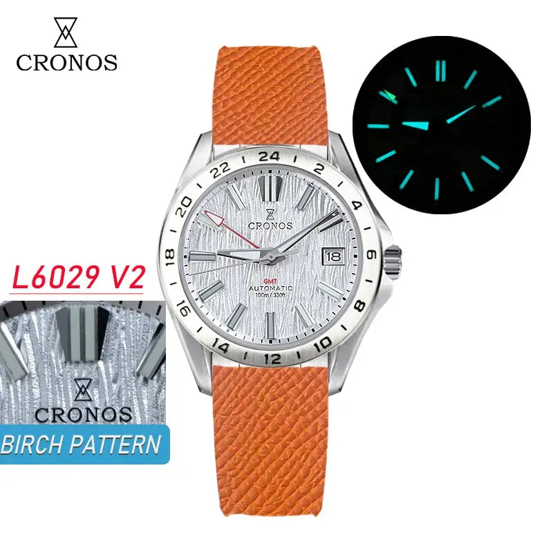 Cronos GS mechanical men's watch, 39mm, orange textured strap, birch-pattern silver dial with GMT and date