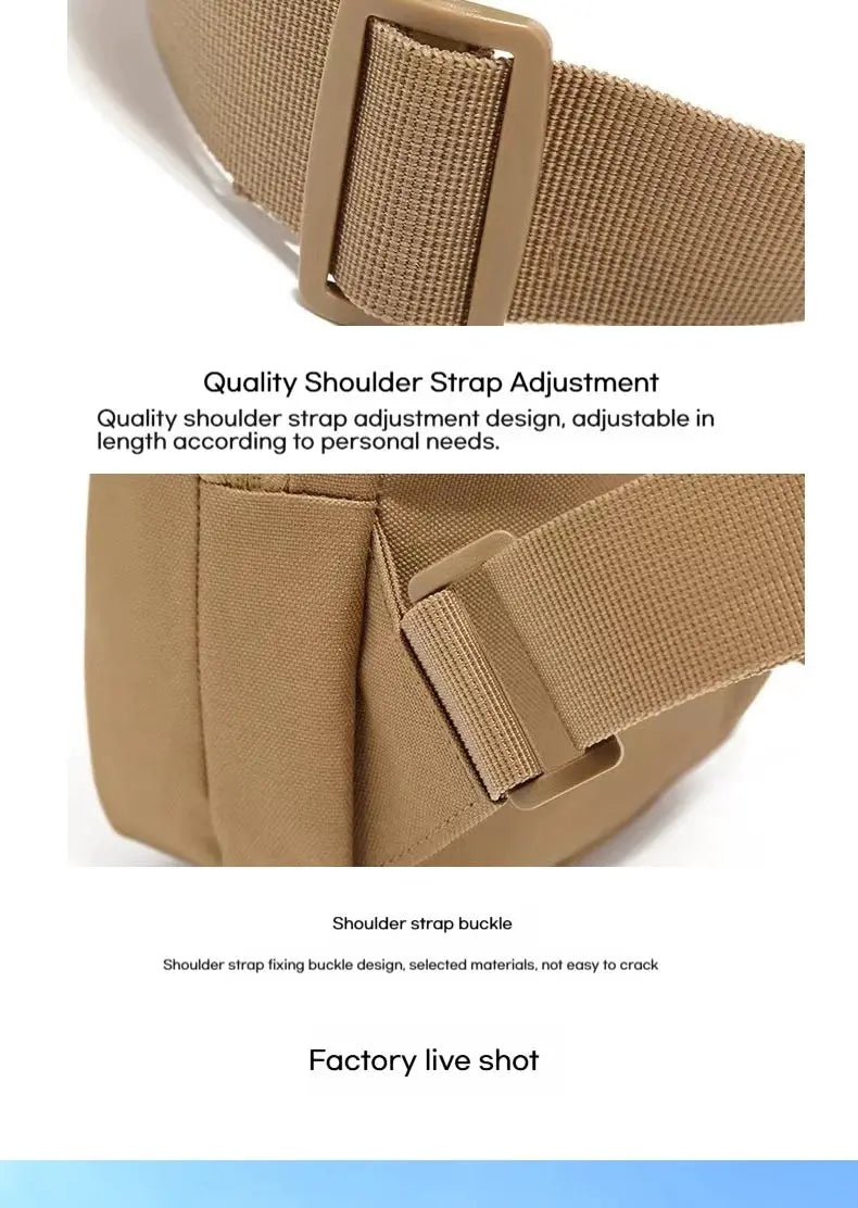 Tactical shoulder chest bag with adjustable tan strap and buckle for concealed carry