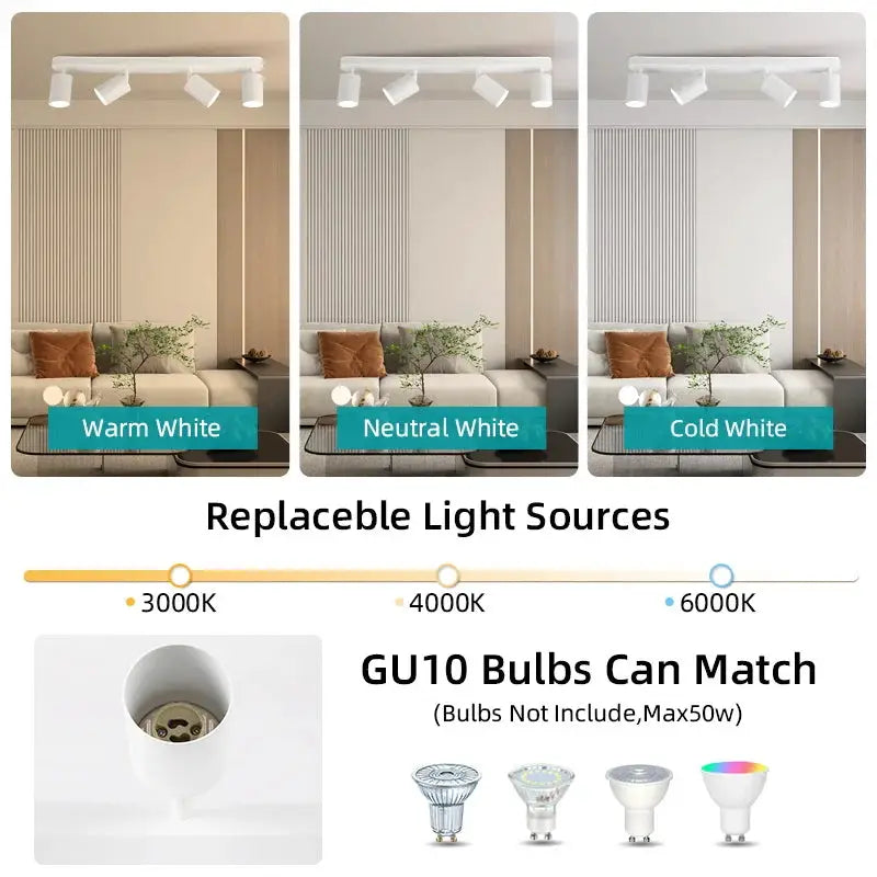 Simples Market GU10 LED spotlight ceiling light with three adjustable heads in warm/neutral/cool white options