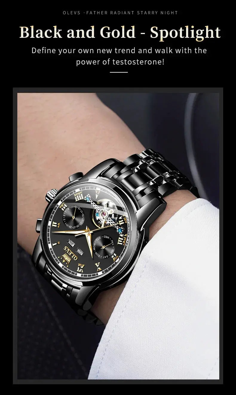 OLEVS 6607 skeleton automatic watch for men in black stainless-steel with gold-tone details and visible movement.