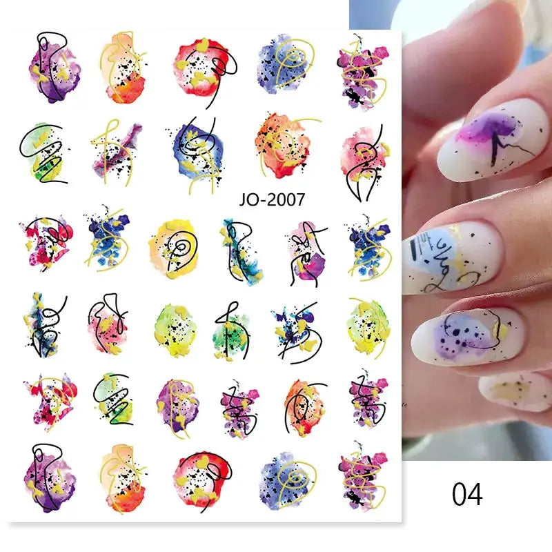Sheet of Simples Market nail art decals with colorful watercolor blobs, geometric lines, floral designs and bronze accents