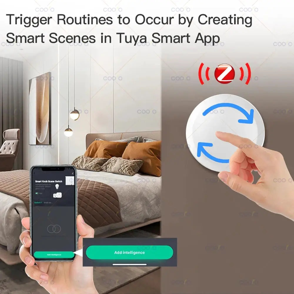 Simples Market ZigBee smart knob switch dimmer; round white rotary control with blue arrows, Tuya app connected