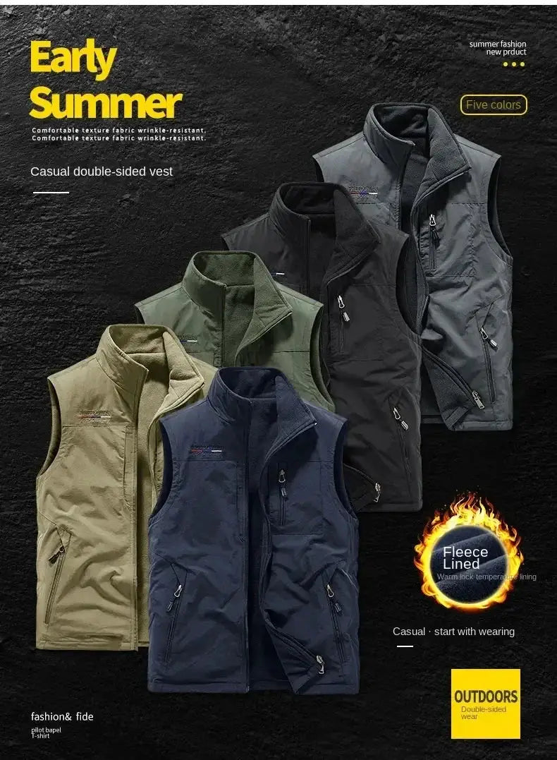 Outdoors heated gilet for men, five colors, fleece-lined with zip pockets, casual double-sided vest