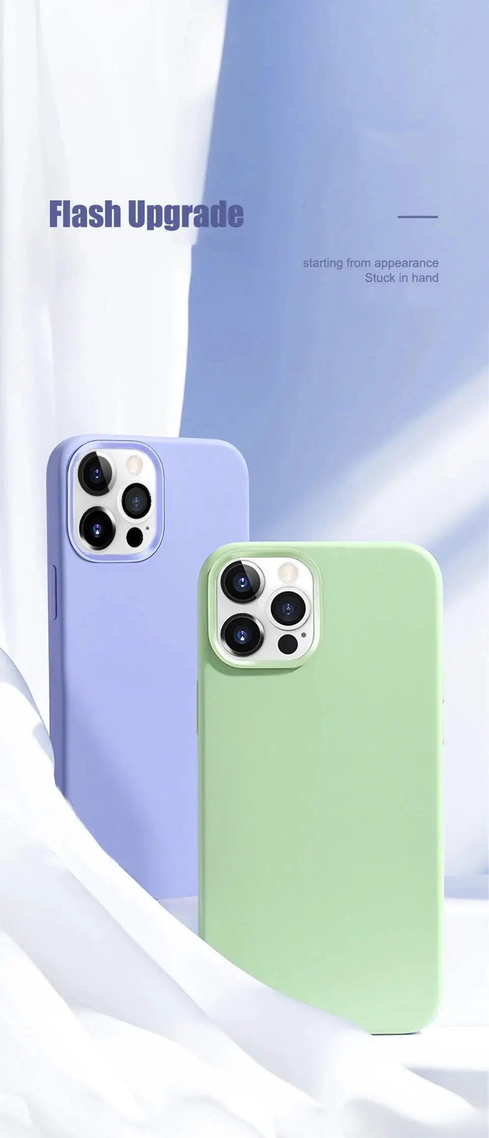 Two luxury liquid silicone iPhone cases in lavender and mint green for Apple Pro Max models