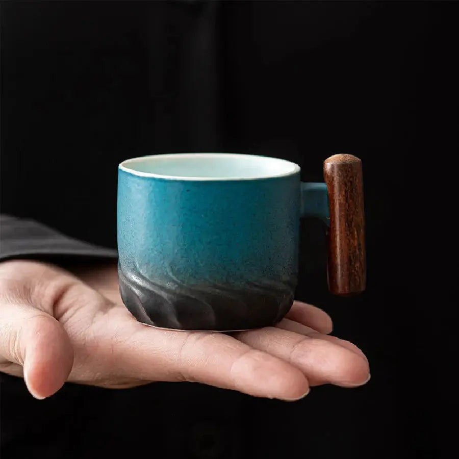 Creative Handmade Exquisite Vintage Coffee Cup With Wooden Handle Porcelain Mug For Home Kitchen Bar