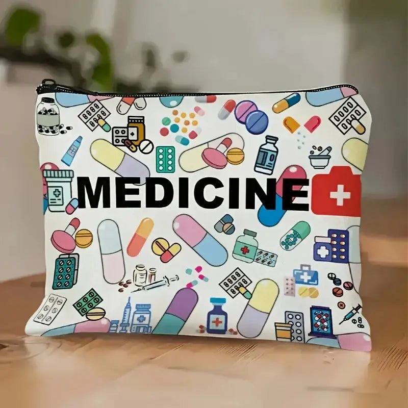MedCare Essentials Medicine Themed Cosmetic Travel Bag Foldable Zippered Makeup Organizer For Healthcare Professionals