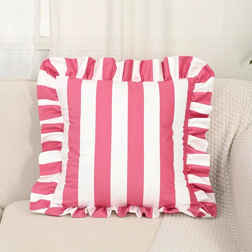 Pillowcase 18x18 velvet, pink and white striped with ruffled edges