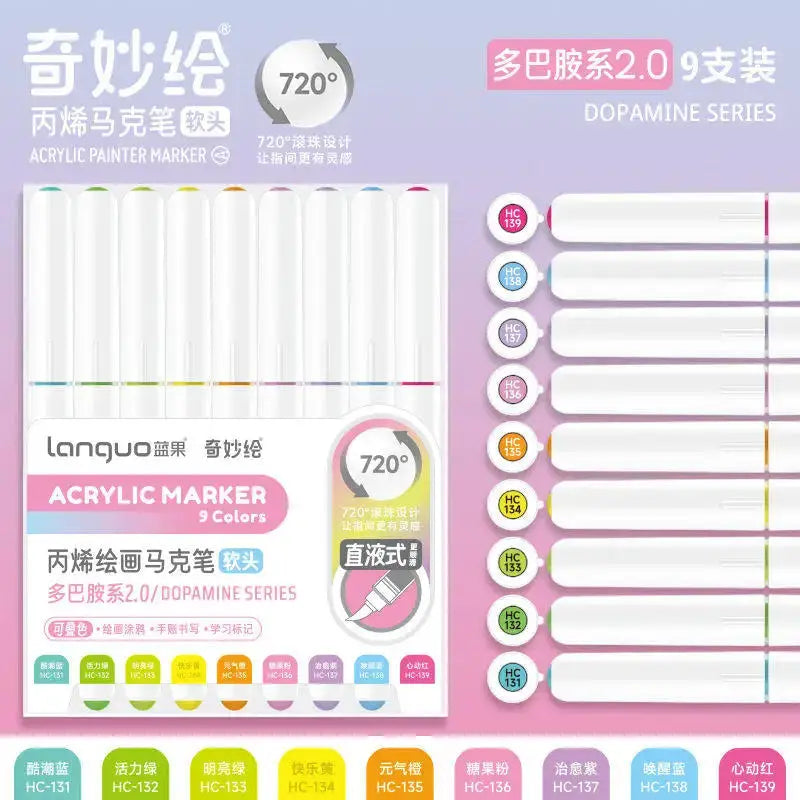 9-color acrylic marker pen set with soft brush tips for notebooks and art