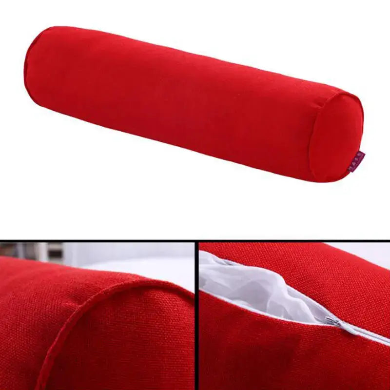 Cylindrical red pillow case made of cotton-linen for sofa lumbar support with zipper closure, no fill