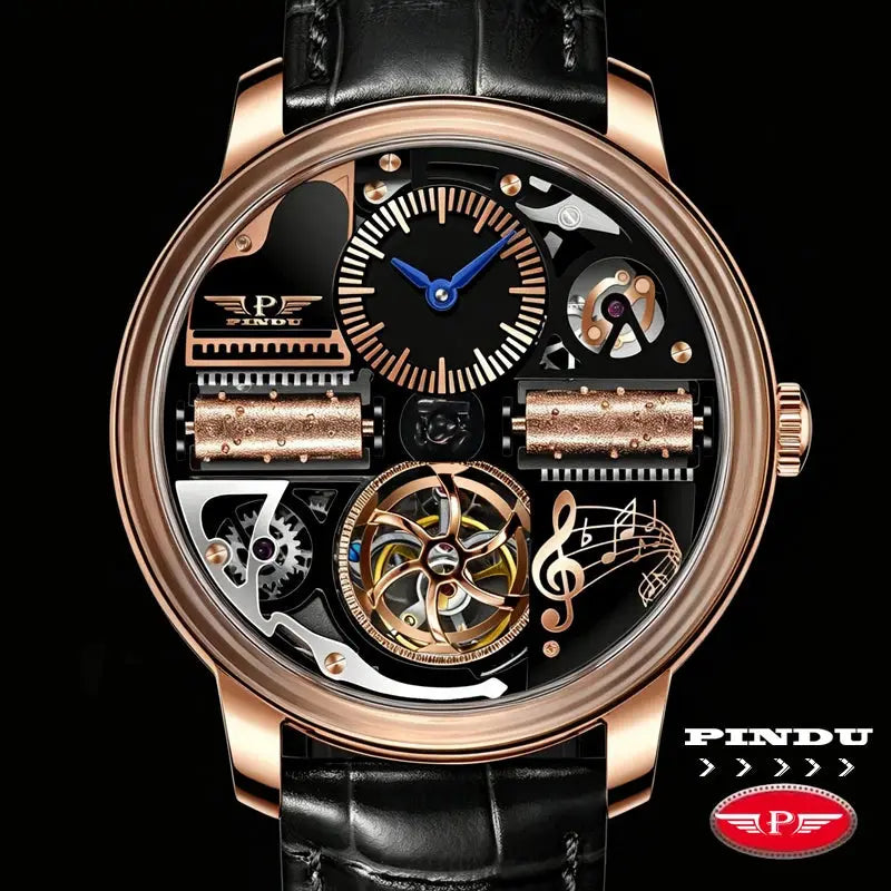 PINDU skeleton automatic watch with rose-gold case, sapphire glass, blue hands, black leather strap