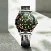 Pagani Design 007 men's watch with green dial, rose-gold bezel, and stainless steel mesh band