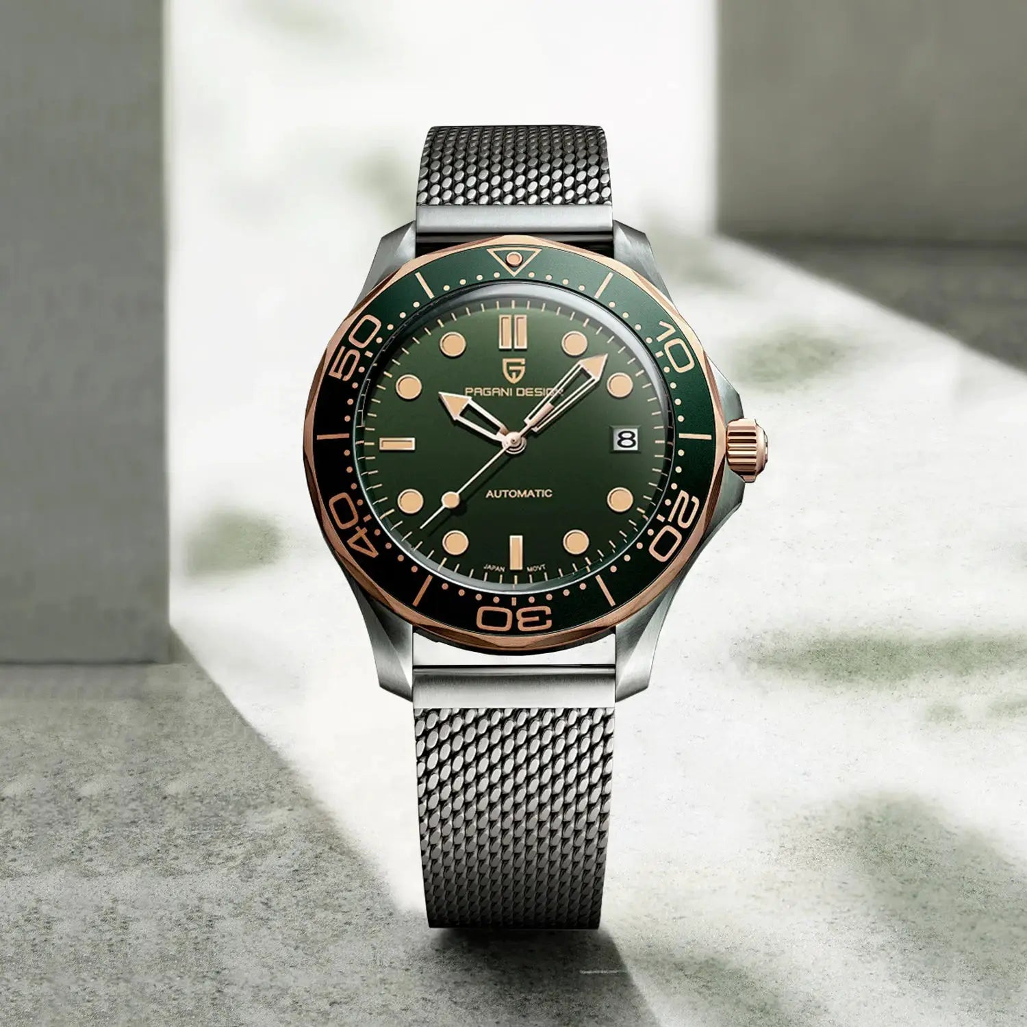 Pagani Design 007 men's watch with green dial, rose-gold bezel, and stainless steel mesh band