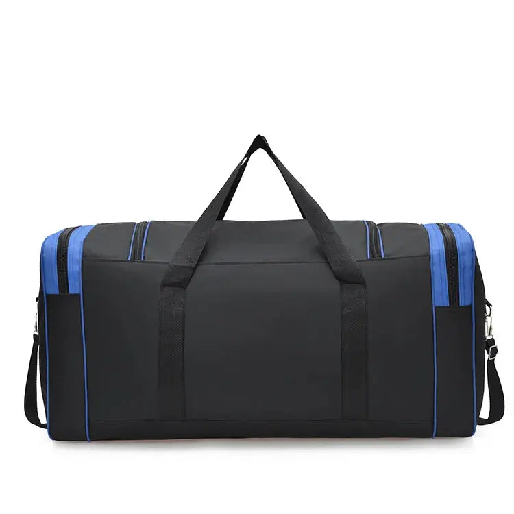 Oversized handbag in black with blue zippers and top handles, versatile for travel and gym use