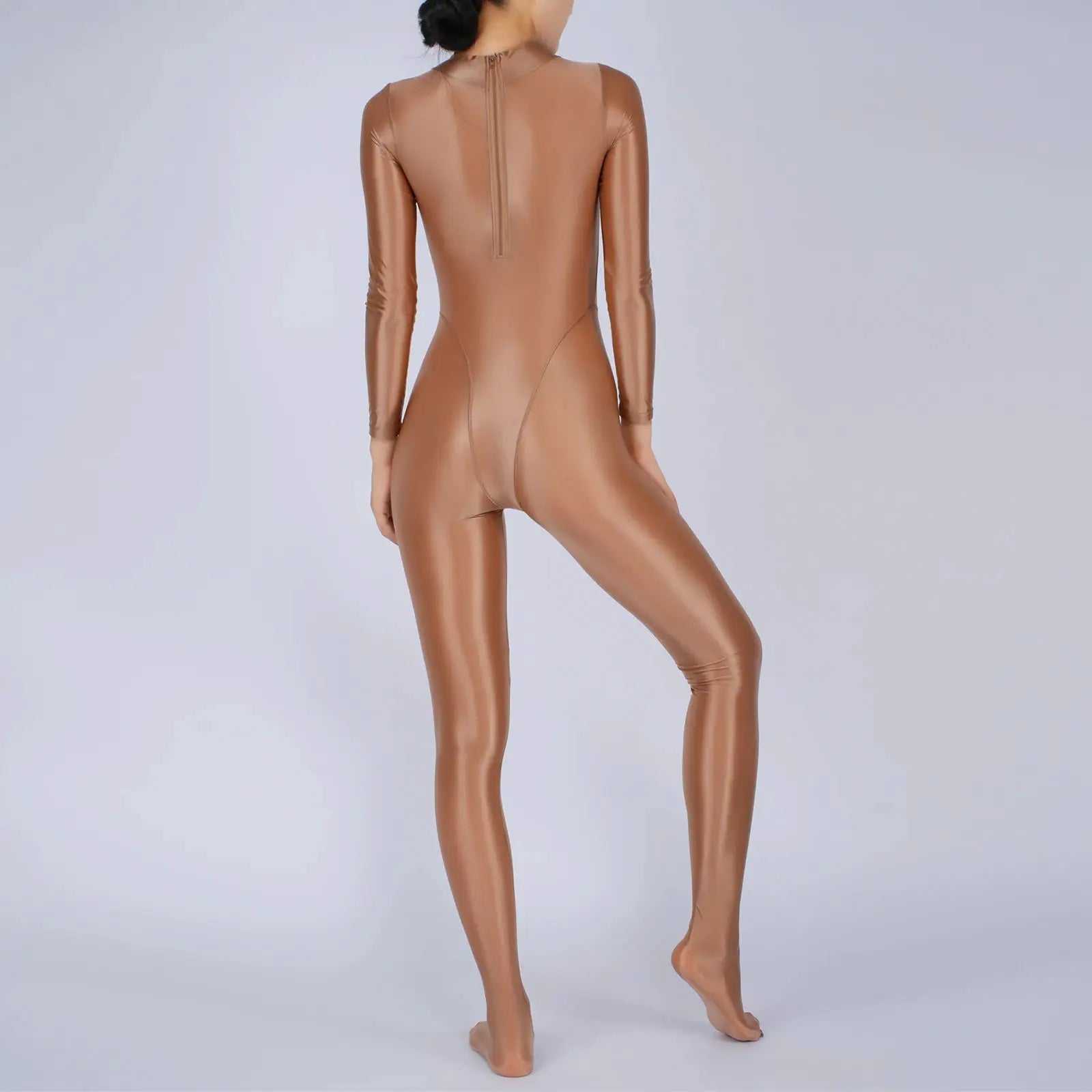 Simples Market women's metallic bronze full-body jumpsuit with long sleeves and footed design