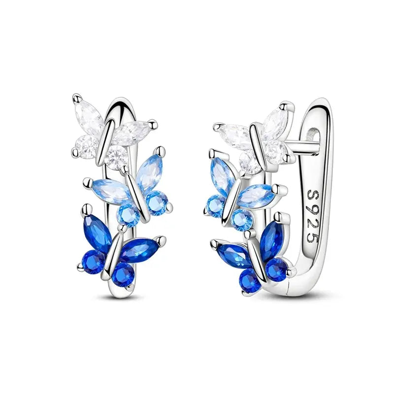 Original 925 Sterling Silver Blue Zirconium Butterfly Hoop Earrings For Women Colored Fine Jewelry Party Earrings