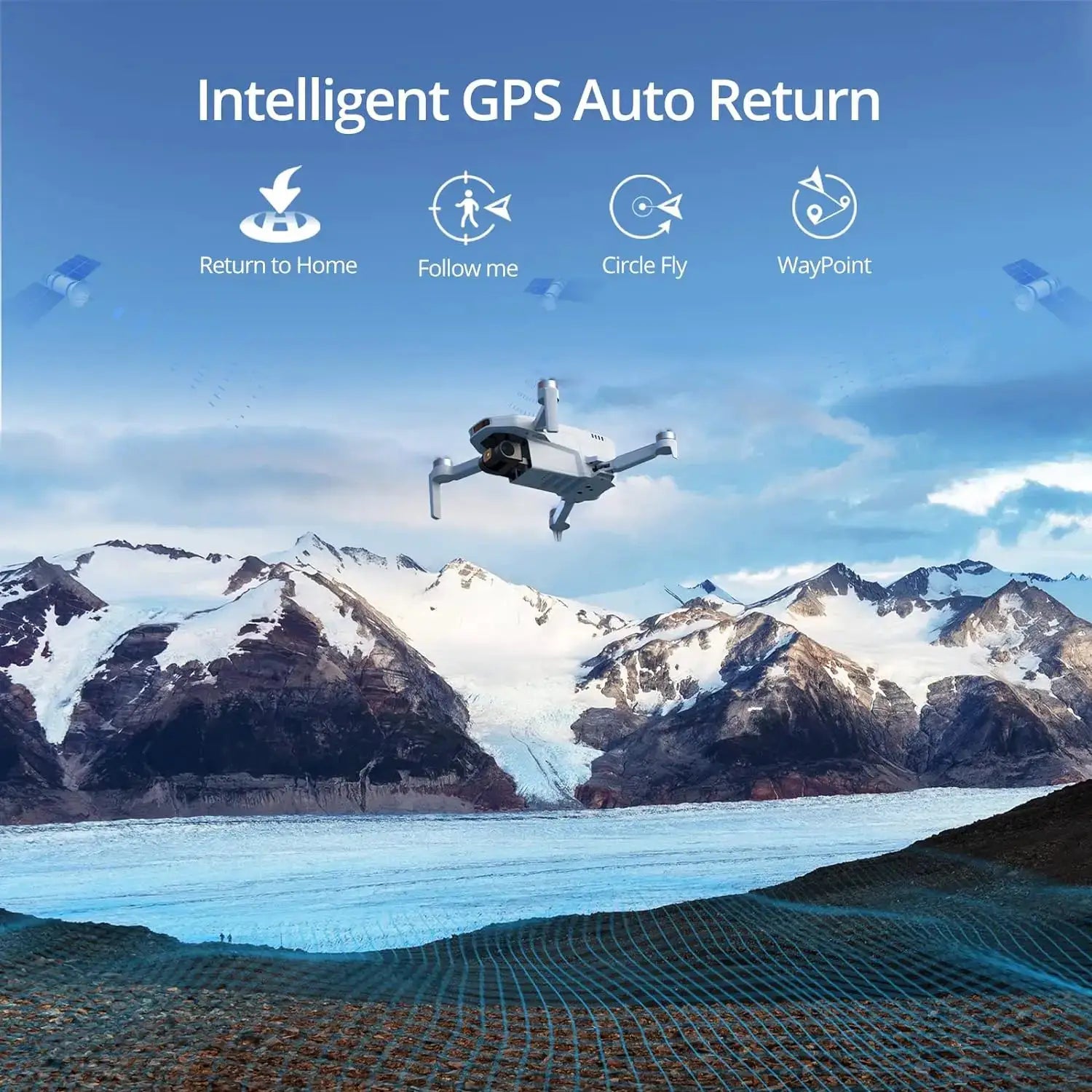 Potensic drone under 249g, gray quadcopter with GPS auto return over mountains.