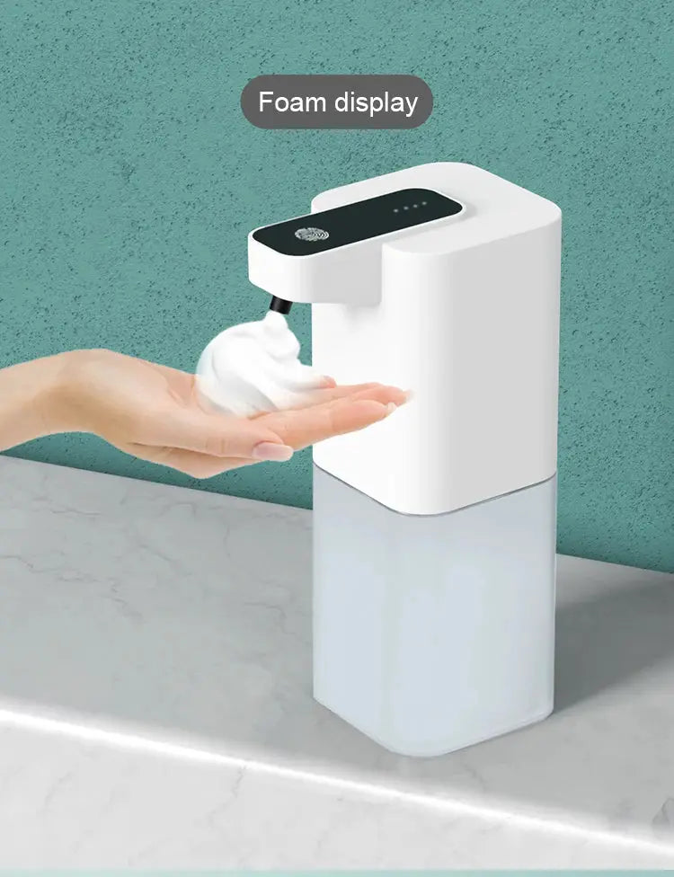 Automatic touchless foam soap dispenser with infrared sensor, white plastic, USB charging.