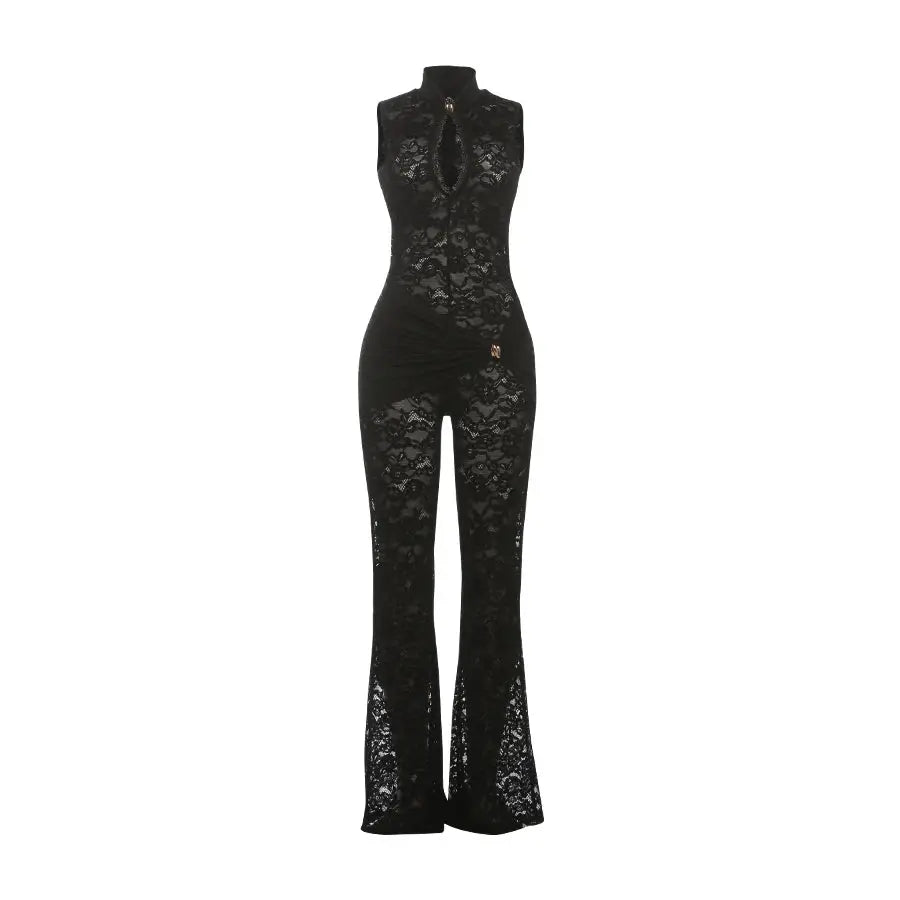 Nibber streetwear patchwork jacquard jumpsuit for women in black lace with ruched waist and metal knot accent