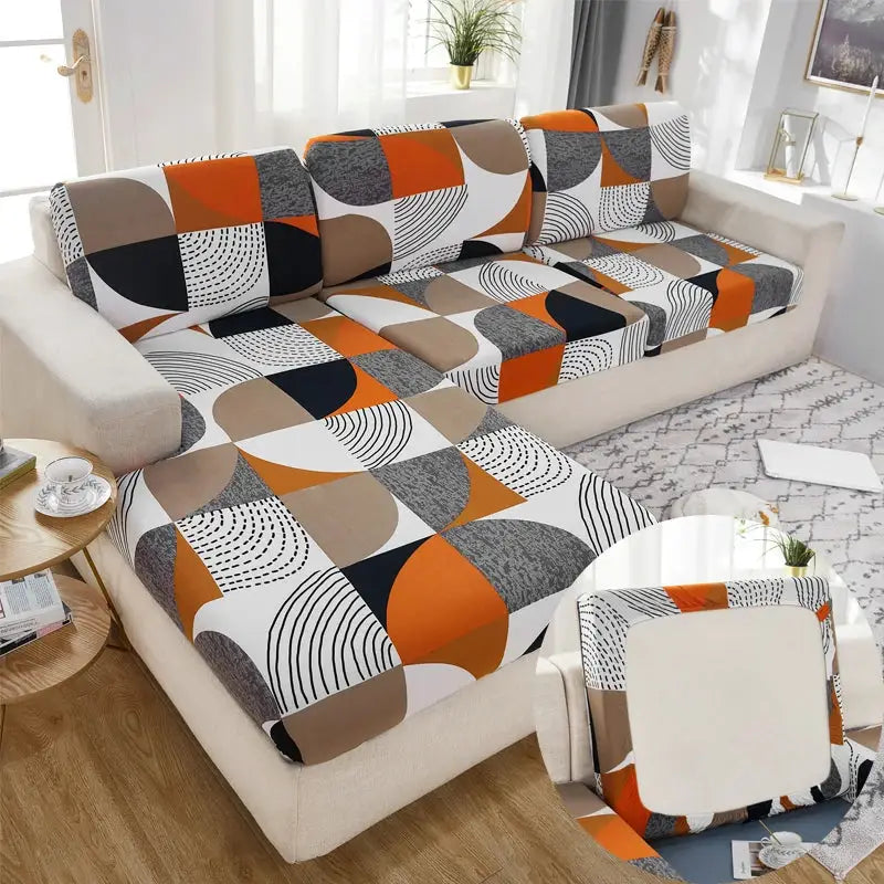 Stretch couch cushion slipcovers; sofa cushions in orange, tan, gray geometric blocks; anti-slip protectors