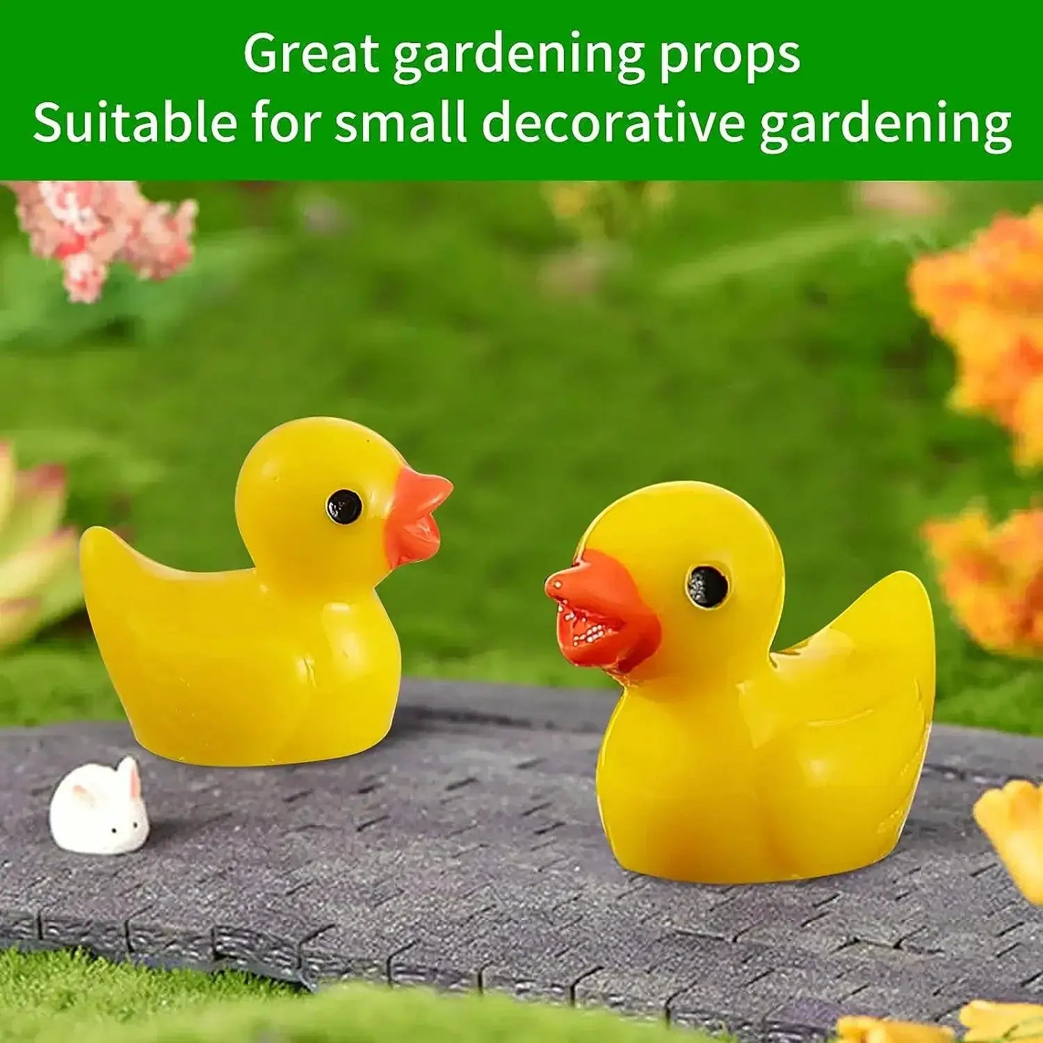 Two yellow resin duck figurines with orange beaks for DIY mini landscapes