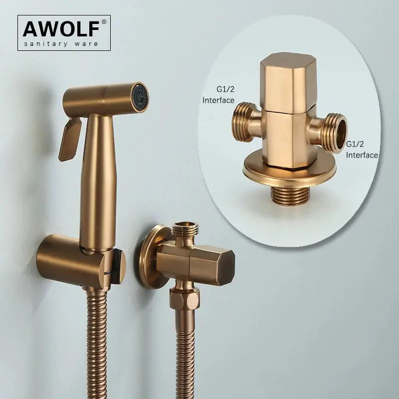AWOLF brushed rose gold stainless steel handheld bidet sprayer with hose and wall valve kit
