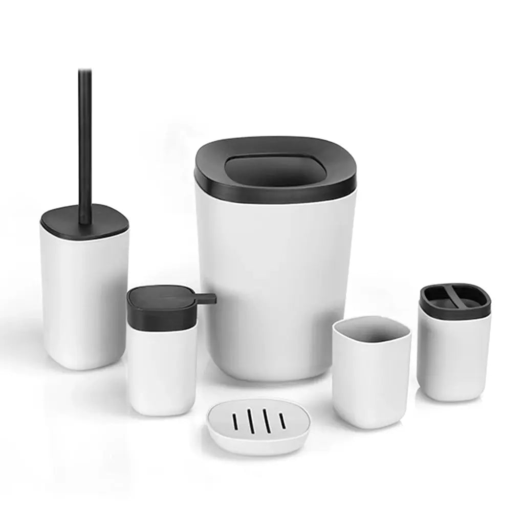6pc bathroom set by Simples Market, white with black lids: trash can, lotion dispenser, toothbrush holder, soap dish