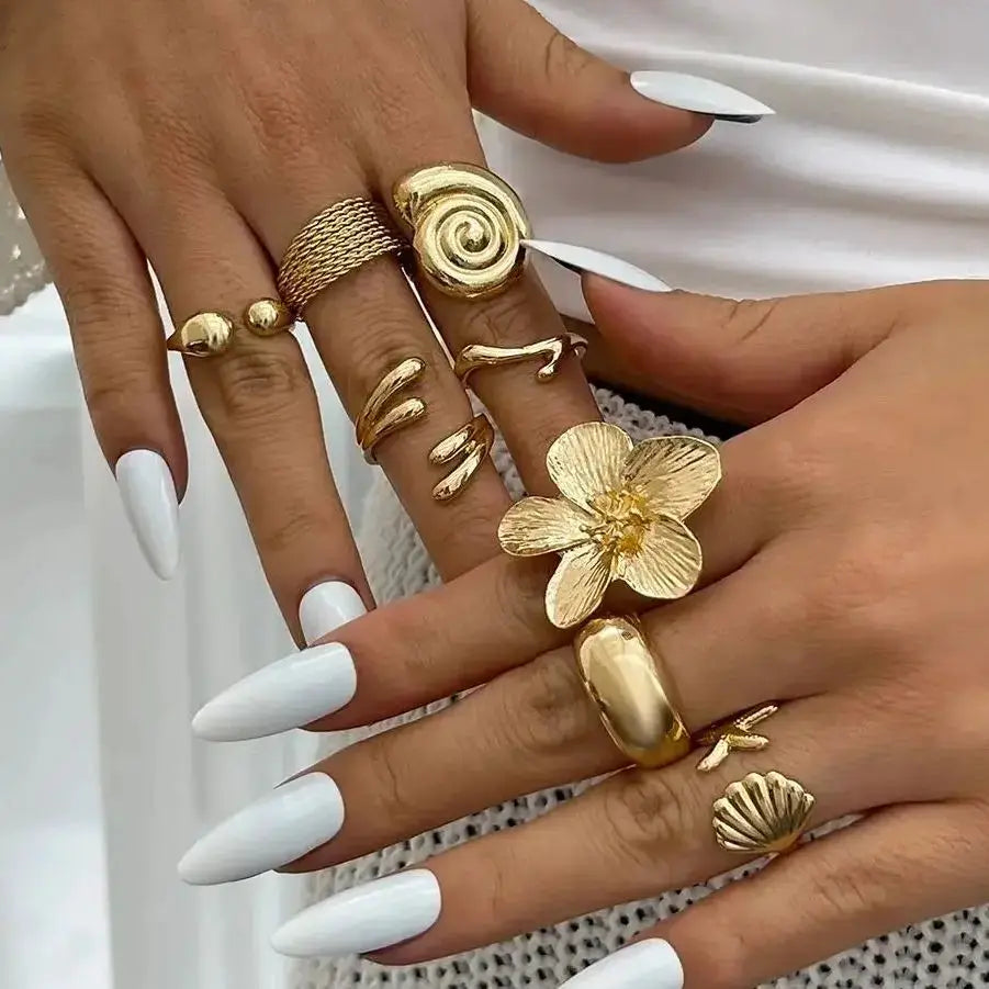 Ingemark 8 Piece Vintage Metal Ring Set For Women Petal Flower Water Drop Open Rings Gothic Geometric Jewelry Gift 2025