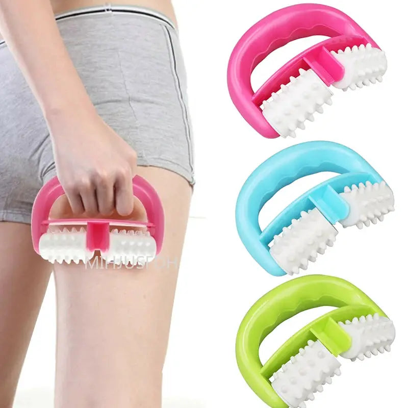 Handheld anti-cellulite roller massager in pink, blue, and green with white bristle rollers (4-piece set)