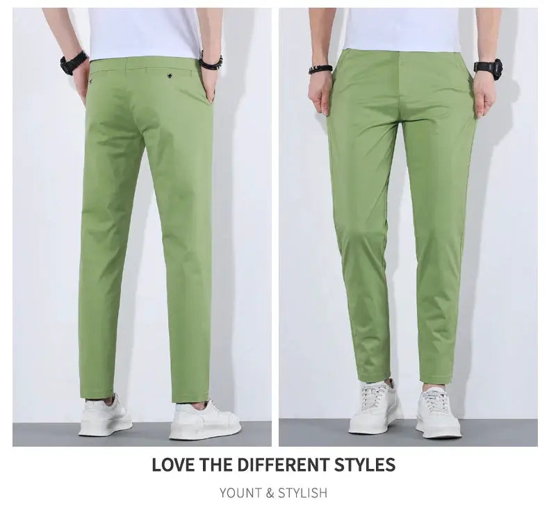 HIQOR men's olive green cotton casual pants from Simples Market, breathable summer trousers, back and front views.