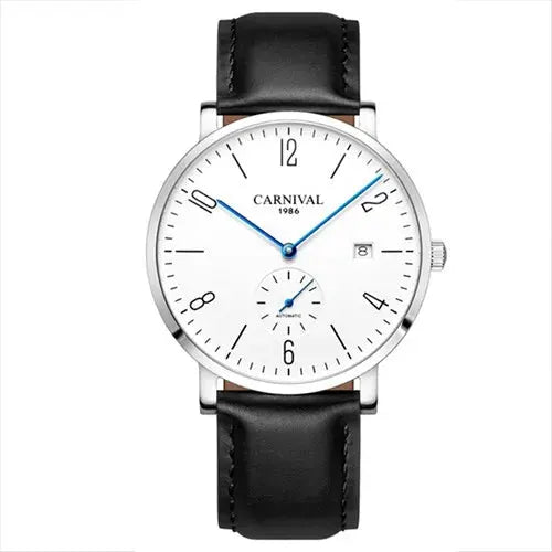 Carnival men's dress watch with white dial, blue hands, date window, silver case, and black leather strap.