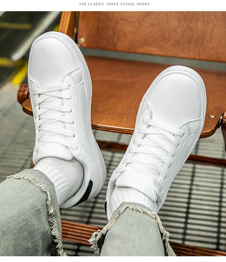 White PU leather sneakers, casual vulcanized style, minimalist everyday footwear