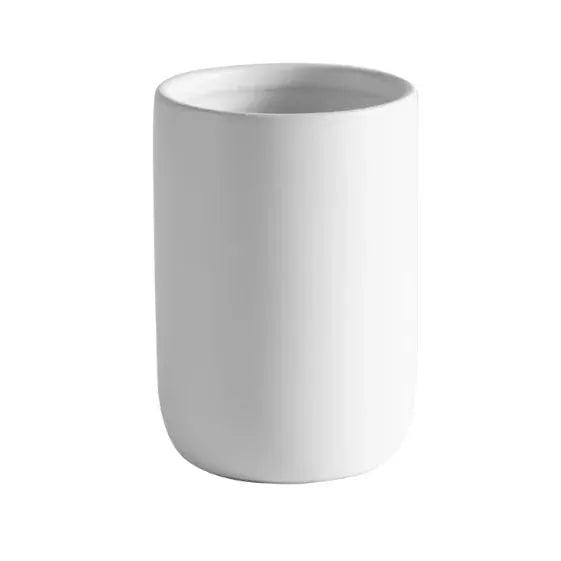 Ceramic bathroom mouthwash cup, white cylindrical, by Simples Market; part of a four-piece bathroom set.
