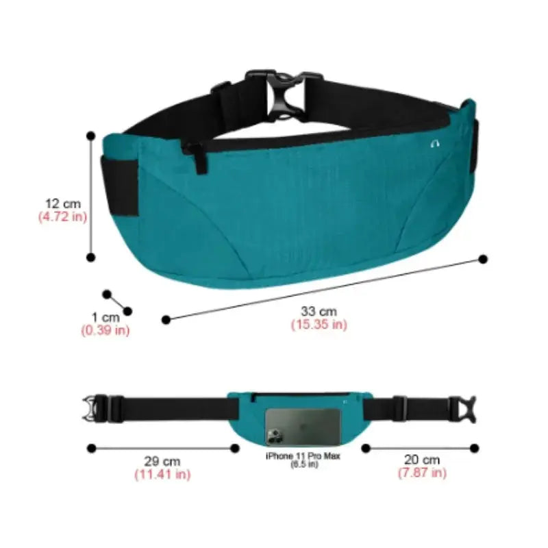 Fanny pack, teal, for running with phone pocket, adjustable belt; lightweight, waterproof, breathable