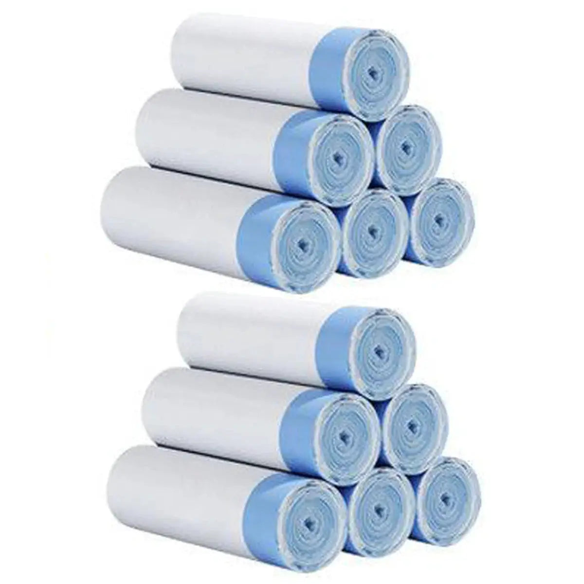 Trash bag rolls by Simples Market, thick tear-off drawstring liners, blue-tinted rims, stacked pack