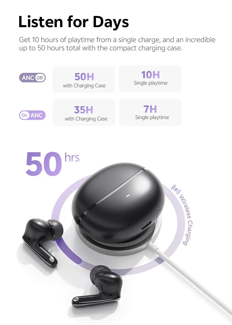 QCY MeloBuds N70 wireless earbuds, black, with charging case (pair) and wireless charging